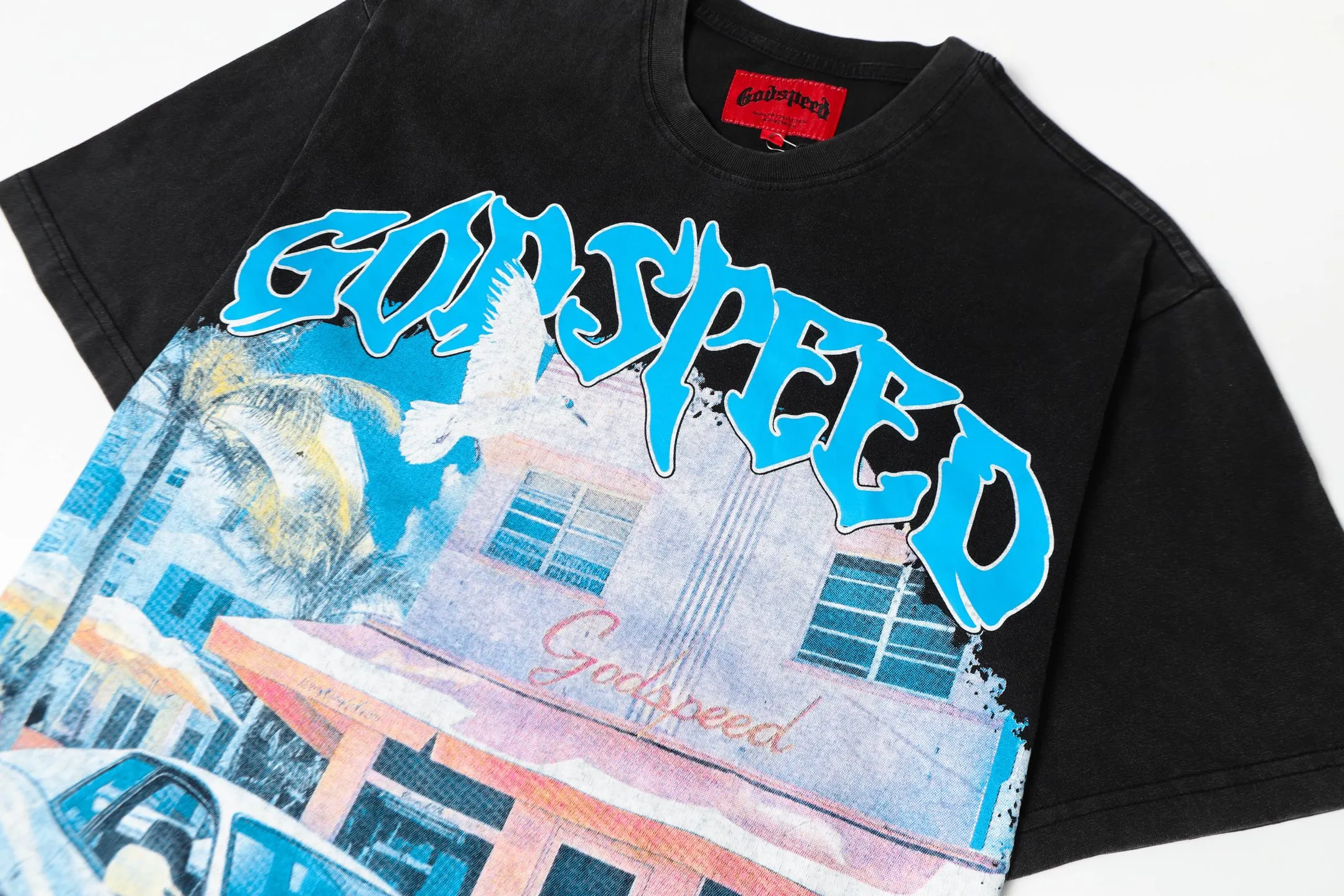 6057#washed black｜P116 Godspeed cross-border American rock and roll street washed retro style short-sleeved T (craft printing) fabric (fabric): 32 count combed double yarn 250g weight code number (size): S-M-L-XL color (colour): washed black
