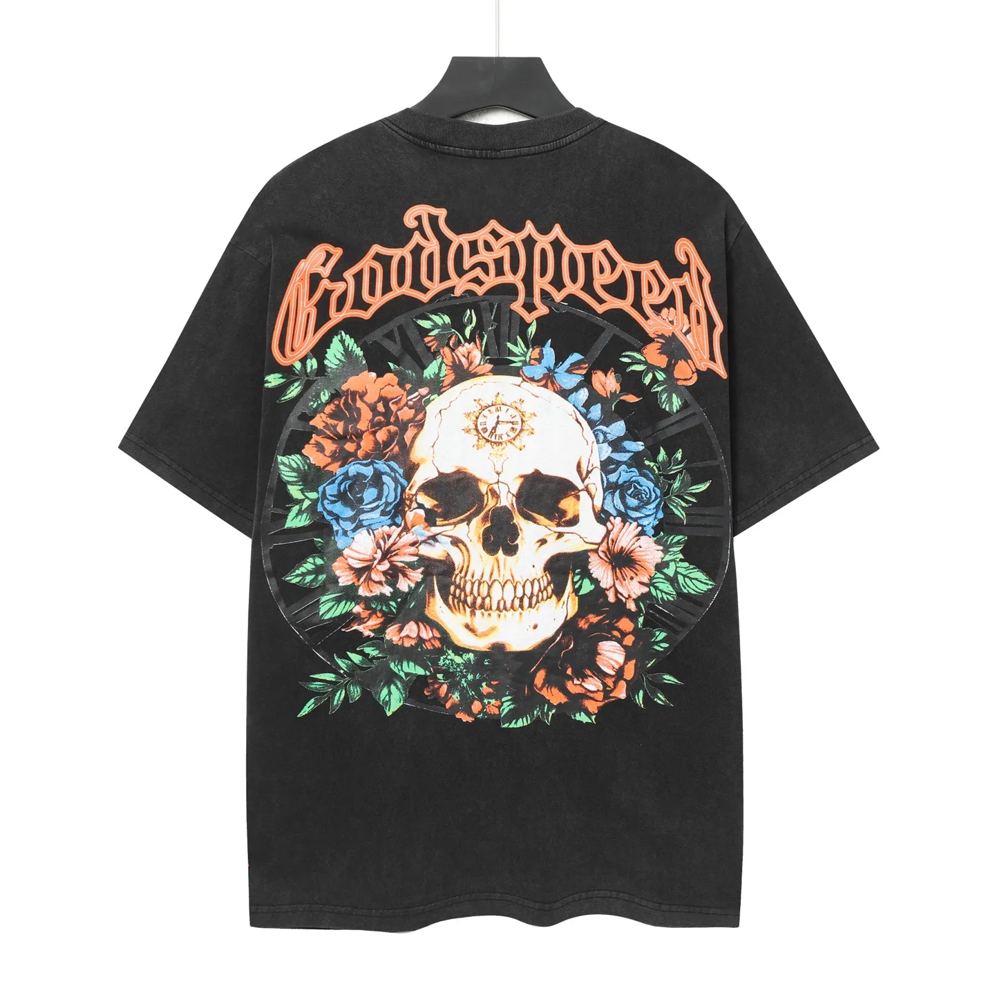 6046# washed black｜P116 Godspeed cross-border American rock and roll street washed retro style short-sleeved T (craft printing) fabric (fabric): 32 count combed double yarn 250 grams weight code (size): S-M-L-XL color (colour): washed black 👉