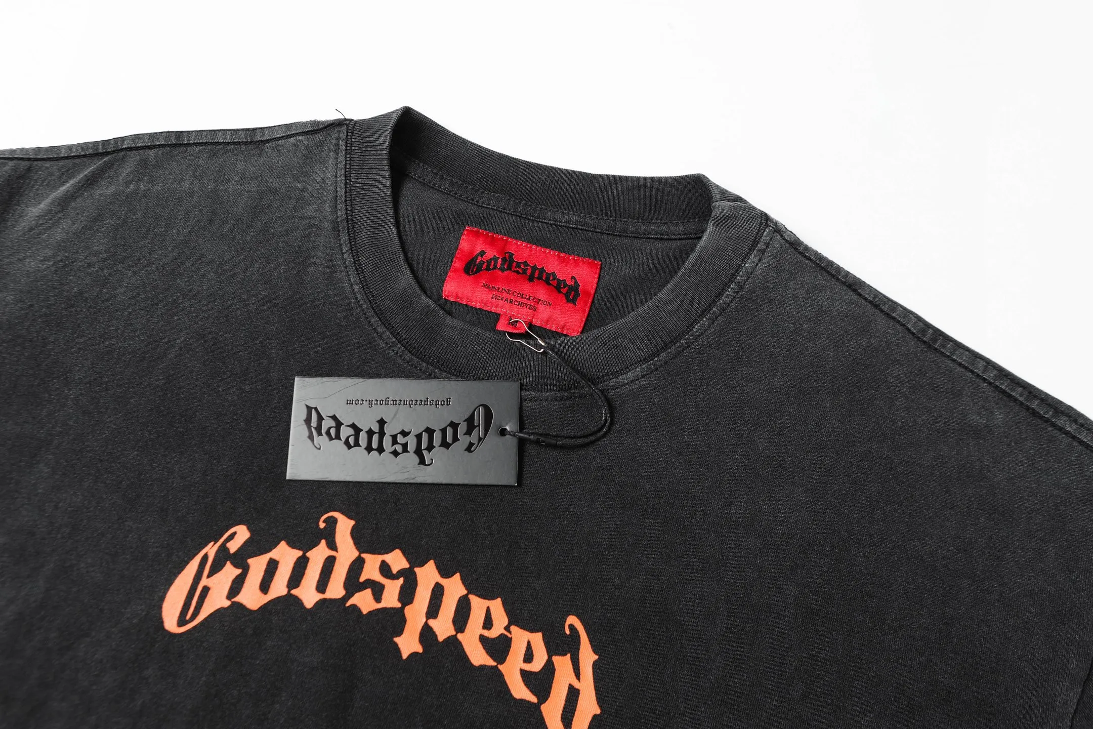 6046# washed black｜P116 Godspeed cross-border American rock and roll street washed retro style short-sleeved T (craft printing) fabric (fabric): 32 count combed double yarn 250 grams weight code (size): S-M-L-XL color (colour): washed black 👉