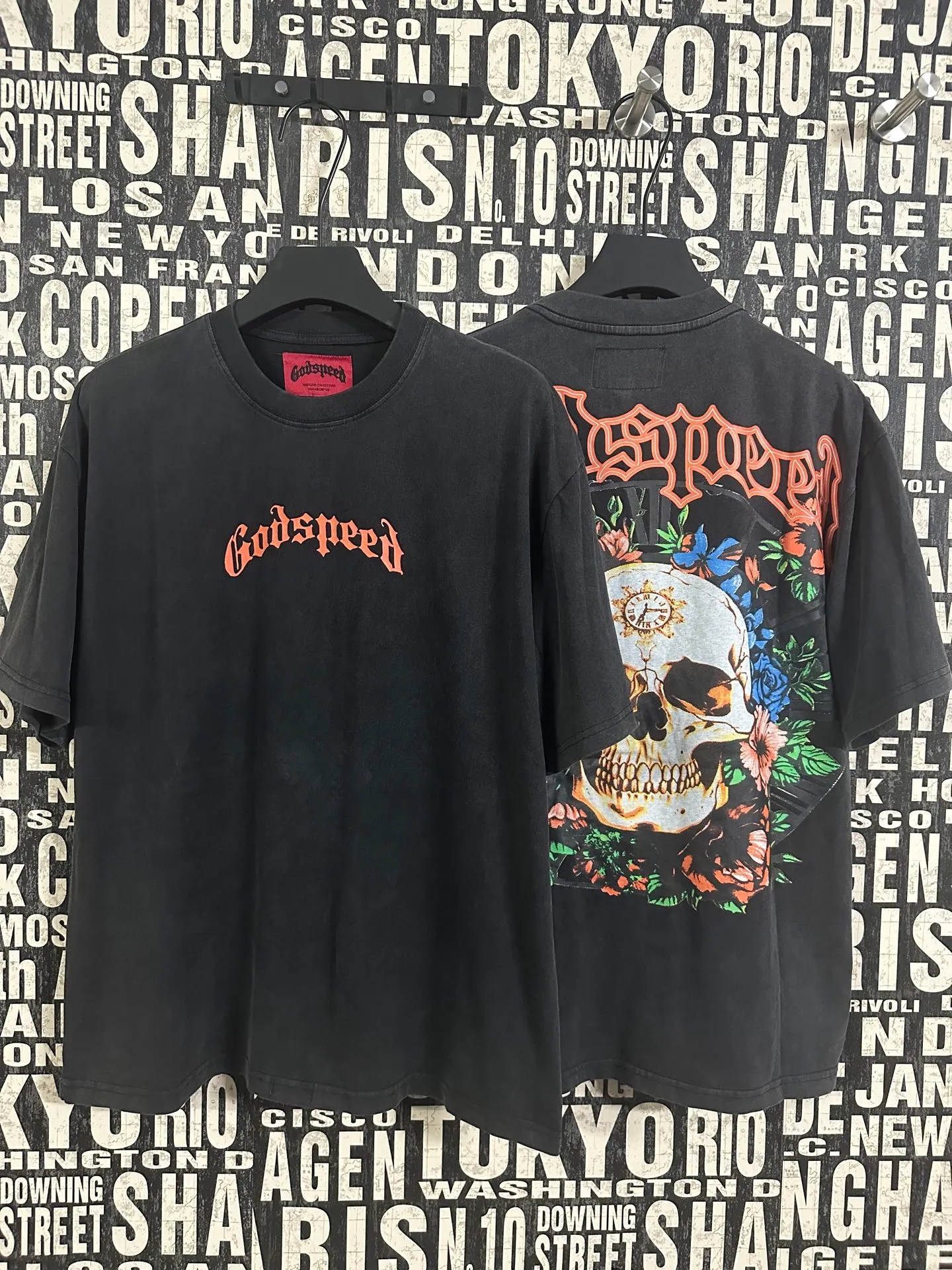 6046# washed black｜P116 Godspeed cross-border American rock and roll street washed retro style short-sleeved T (craft printing) fabric (fabric): 32 count combed double yarn 250 grams weight code (size): S-M-L-XL color (colour): washed black 👉