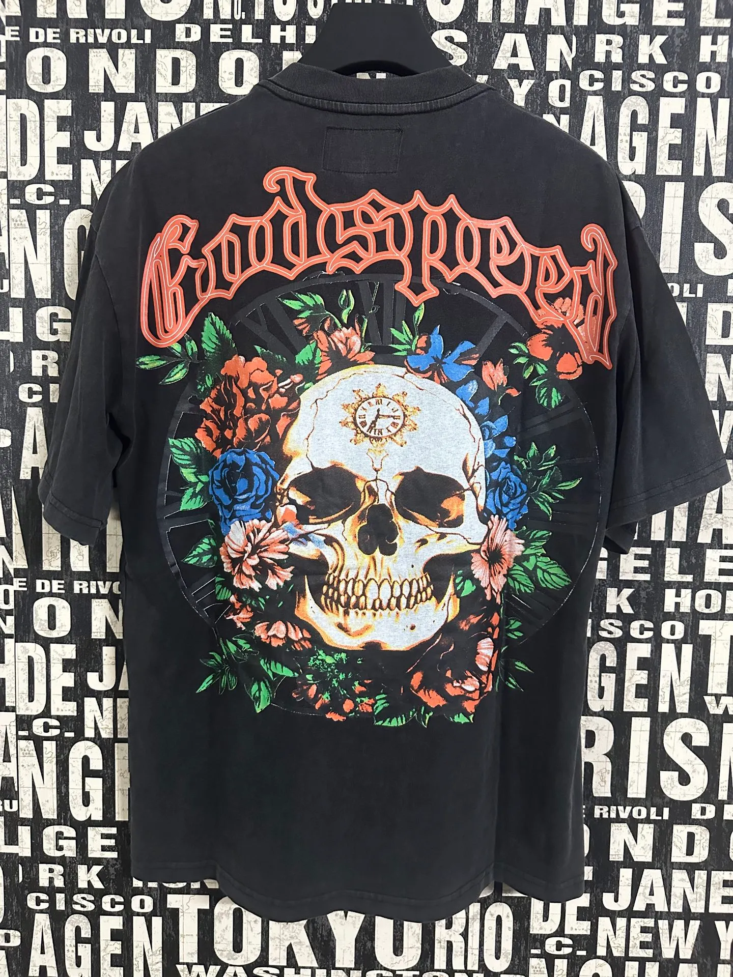 6046# washed black｜P116 Godspeed cross-border American rock and roll street washed retro style short-sleeved T (craft printing) fabric (fabric): 32 count combed double yarn 250 grams weight code (size): S-M-L-XL color (colour): washed black 👉