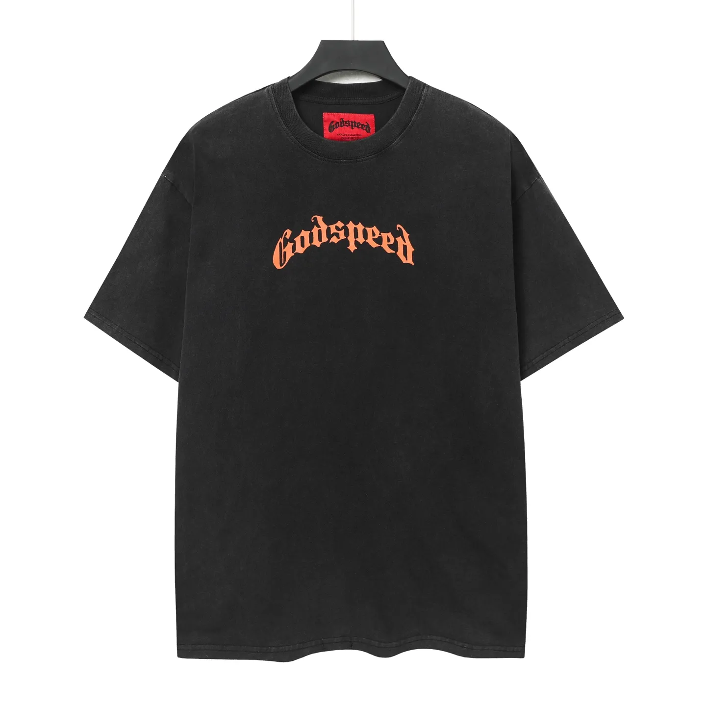 6046# washed black｜P116 Godspeed cross-border American rock and roll street washed retro style short-sleeved T (craft printing) fabric (fabric): 32 count combed double yarn 250 grams weight code (size): S-M-L-XL color (colour): washed black 👉