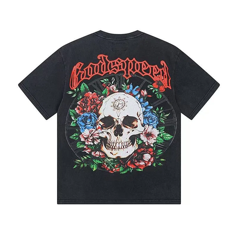 6046# washed black｜P116 Godspeed cross-border American rock and roll street washed retro style short-sleeved T (craft printing) fabric (fabric): 32 count combed double yarn 250 grams weight code (size): S-M-L-XL color (colour): washed black 👉