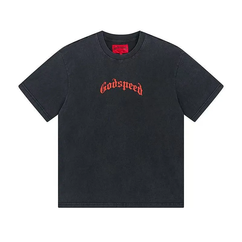 6046# washed black｜P116 Godspeed cross-border American rock and roll street washed retro style short-sleeved T (craft printing) fabric (fabric): 32 count combed double yarn 250 grams weight code (size): S-M-L-XL color (colour): washed black 👉