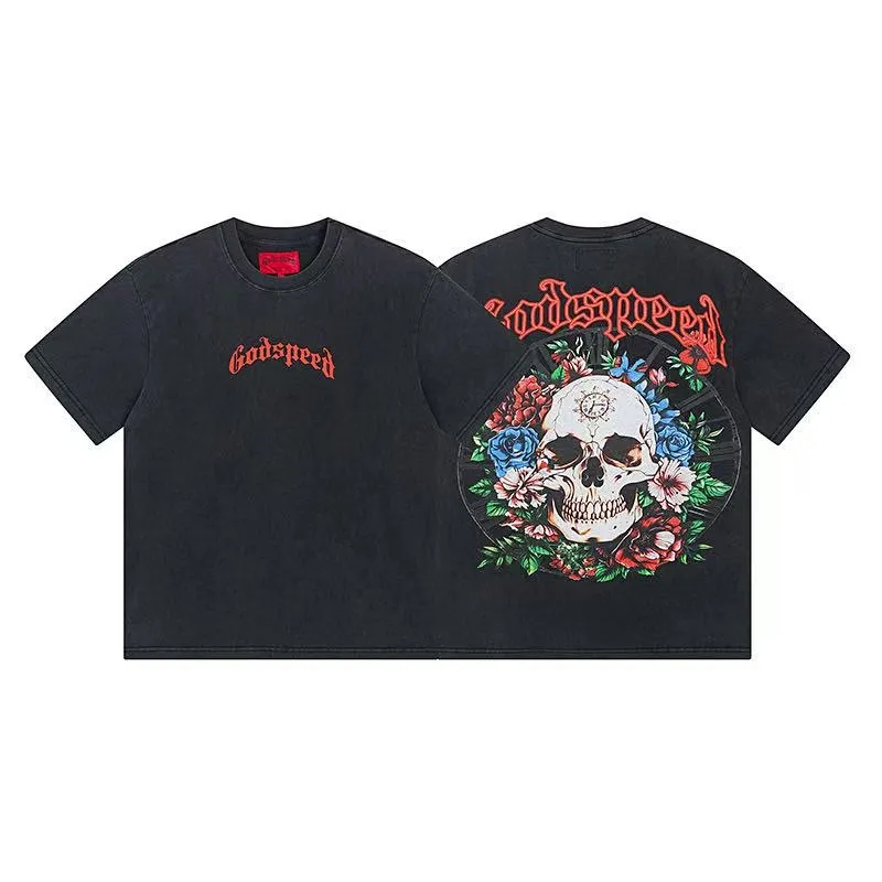 6046# washed black｜P116 Godspeed cross-border American rock and roll street washed retro style short-sleeved T (craft printing) fabric (fabric): 32 count combed double yarn 250 grams weight code (size): S-M-L-XL color (colour): washed black 👉