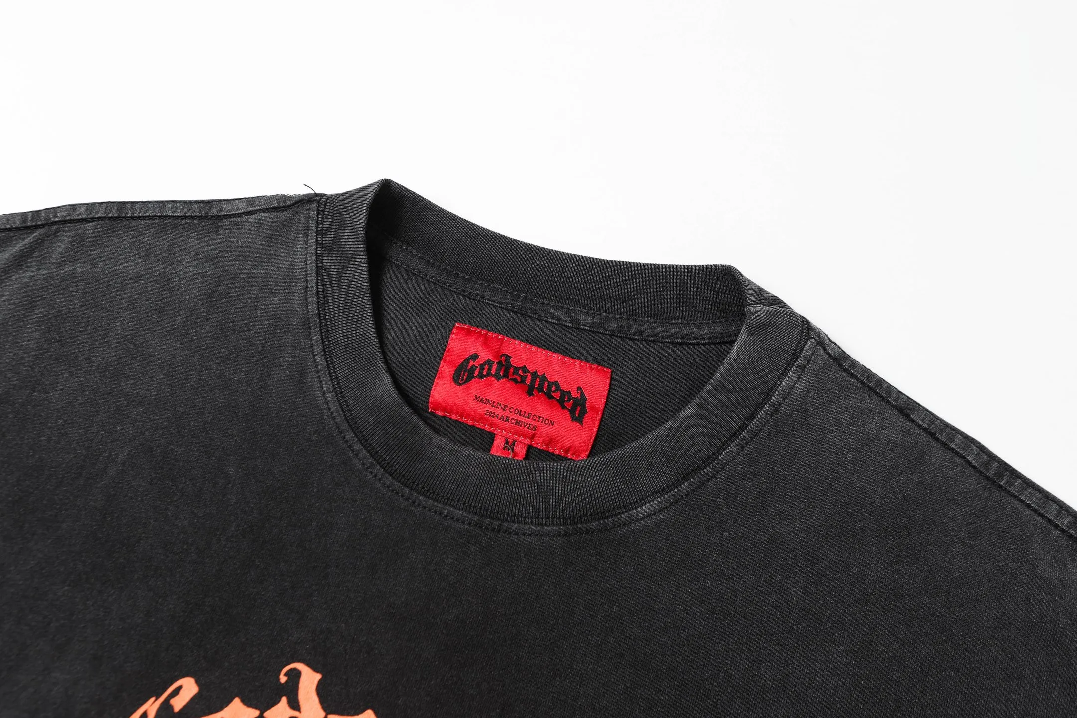 6046# washed black｜P116 Godspeed cross-border American rock and roll street washed retro style short-sleeved T (craft printing) fabric (fabric): 32 count combed double yarn 250 grams weight code (size): S-M-L-XL color (colour): washed black 👉