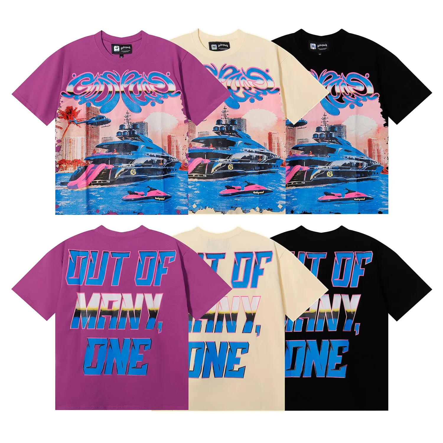 No. 7077, Mechao Godspeed luxury cruise ship helicopter print 230g double yarn pure cotton casual short-sleeved T-shirt batch 110 Color: black, apricot, purple; Size: S M L XL