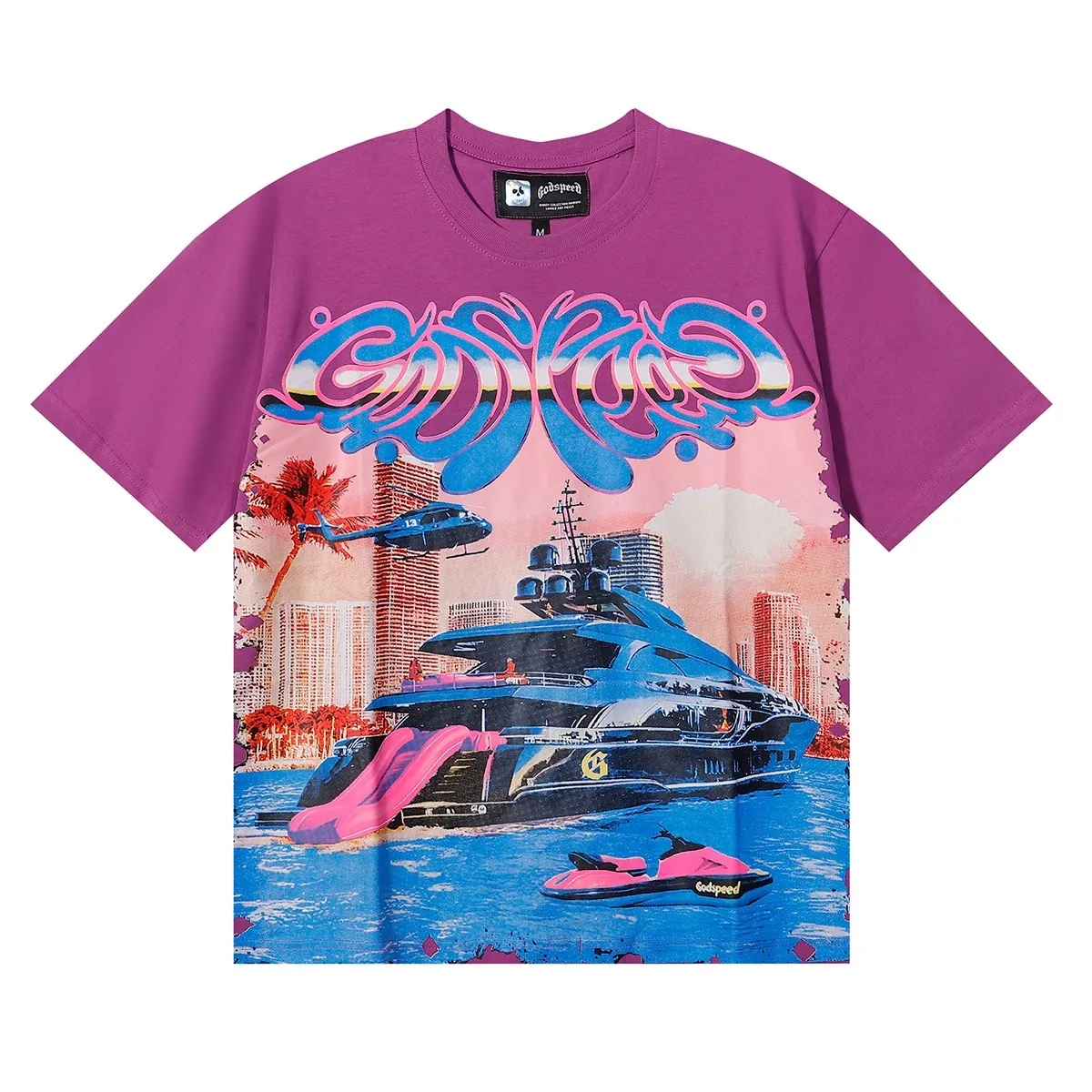 No. 7077, Mechao Godspeed luxury cruise ship helicopter print 230g double yarn pure cotton casual short-sleeved T-shirt batch 110 Color: black, apricot, purple; Size: S M L XL