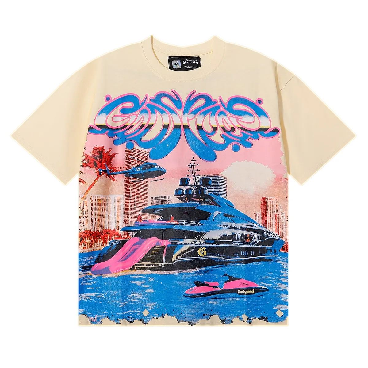 No. 7077, Mechao Godspeed luxury cruise ship helicopter print 230g double yarn pure cotton casual short-sleeved T-shirt batch 110 Color: black, apricot, purple; Size: S M L XL