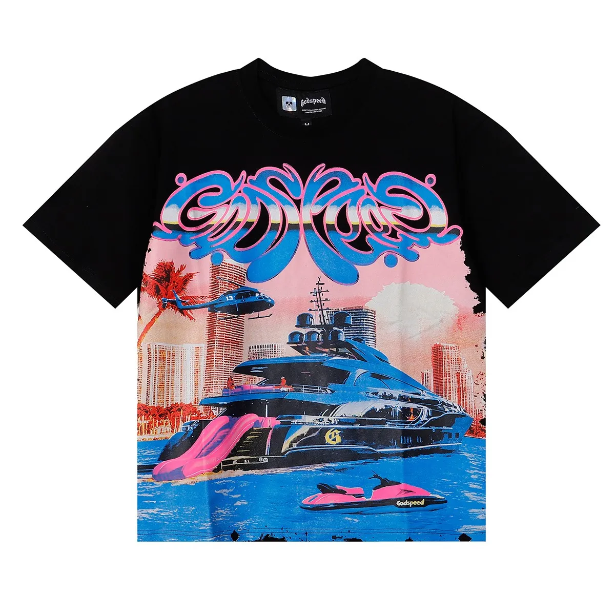 No. 7077, Mechao Godspeed luxury cruise ship helicopter print 230g double yarn pure cotton casual short-sleeved T-shirt batch 110 Color: black, apricot, purple; Size: S M L XL