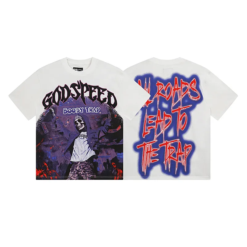 3115# P106 Real shot Godspeed American fashion rock street retro loose printed cotton short sleeves Fabric: 240g 32 count fine cotton double yarn pure cotton Color: off-white Size: S M L XL