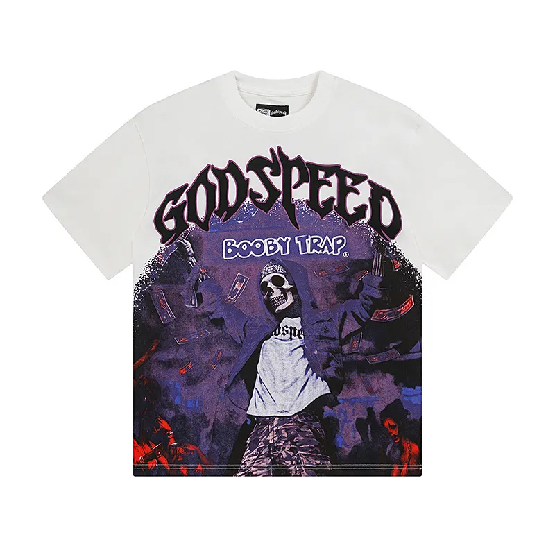 3115# P106 Real shot Godspeed American fashion rock street retro loose printed cotton short sleeves Fabric: 240g 32 count fine cotton double yarn pure cotton Color: off-white Size: S M L XL