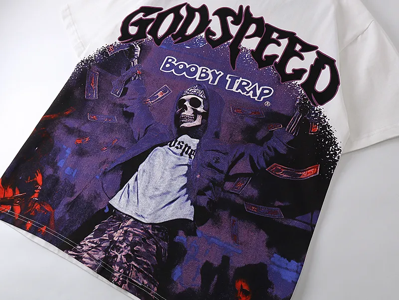 3115# P106 Real shot Godspeed American fashion rock street retro loose printed cotton short sleeves Fabric: 240g 32 count fine cotton double yarn pure cotton Color: off-white Size: S M L XL