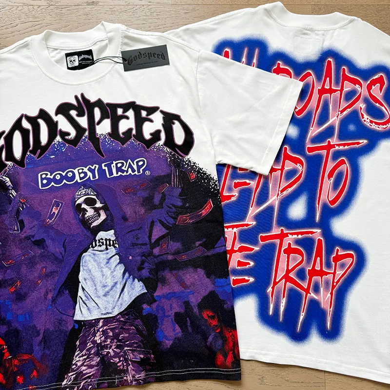 3115# P106 Real shot Godspeed American fashion rock street retro loose printed cotton short sleeves Fabric: 240g 32 count fine cotton double yarn pure cotton Color: off-white Size: S M L XL