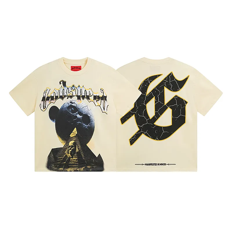 3080# P9050 Real shot Godspeed American fashion rock street retro loose printed cotton short sleeves Fabric: 240g 32 count fine cotton double yarn pure cotton Color: apricot Size: S M L XL