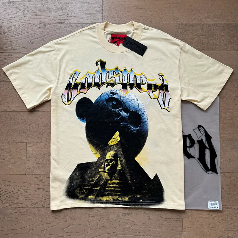 3080# P9050 Real shot Godspeed American fashion rock street retro loose printed cotton short sleeves Fabric: 240g 32 count fine cotton double yarn pure cotton Color: apricot Size: S M L XL
