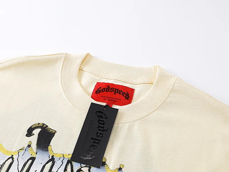 3080# P9050 Real shot Godspeed American fashion rock street retro loose printed cotton short sleeves Fabric: 240g 32 count fine cotton double yarn pure cotton Color: apricot Size: S M L XL