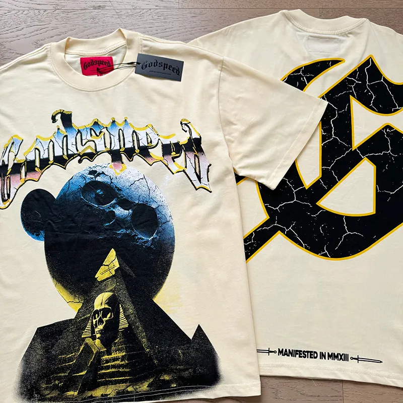 3080# P9050 Real shot Godspeed American fashion rock street retro loose printed cotton short sleeves Fabric: 240g 32 count fine cotton double yarn pure cotton Color: apricot Size: S M L XL