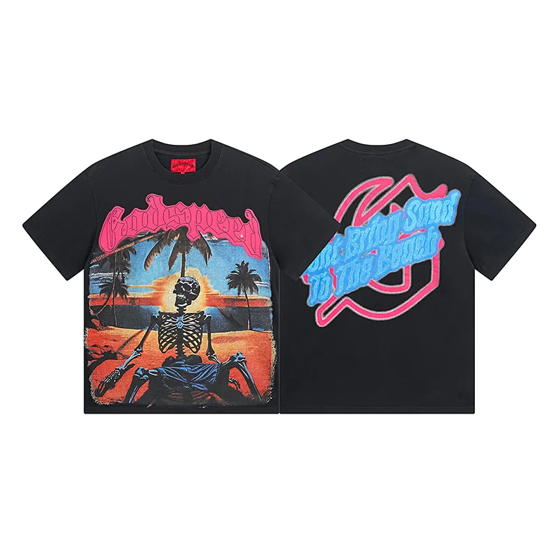 1052# P126 Washed Black Real Shot Godspeed American Fashion Rock Street Retro Washed Distressed Printed Cotton Short Sleeves Fabric: 250g 32 Count Fine Cotton Double Yarn Pure Cotton Color: Washed Black Size: S M L XL