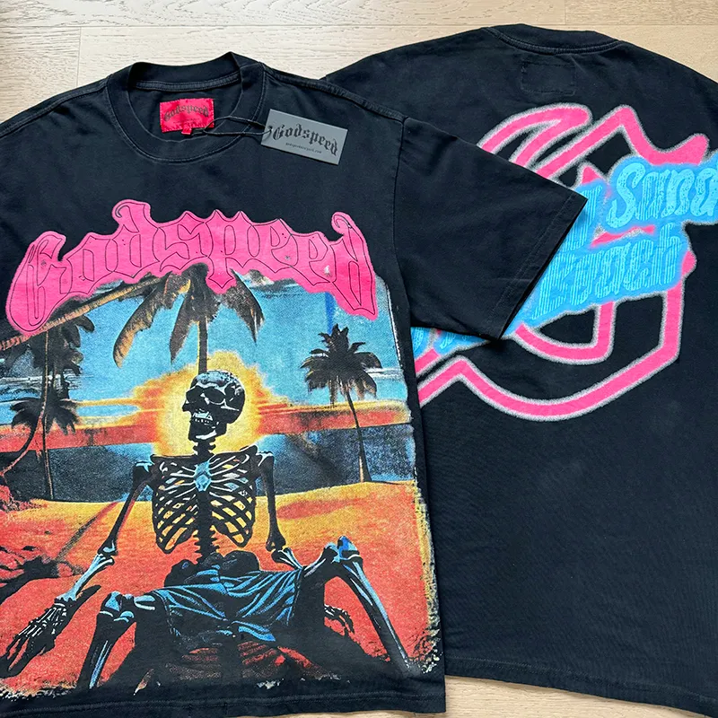1052# P126 Washed Black Real Shot Godspeed American Fashion Rock Street Retro Washed Distressed Printed Cotton Short Sleeves Fabric: 250g 32 Count Fine Cotton Double Yarn Pure Cotton Color: Washed Black Size: S M L XL