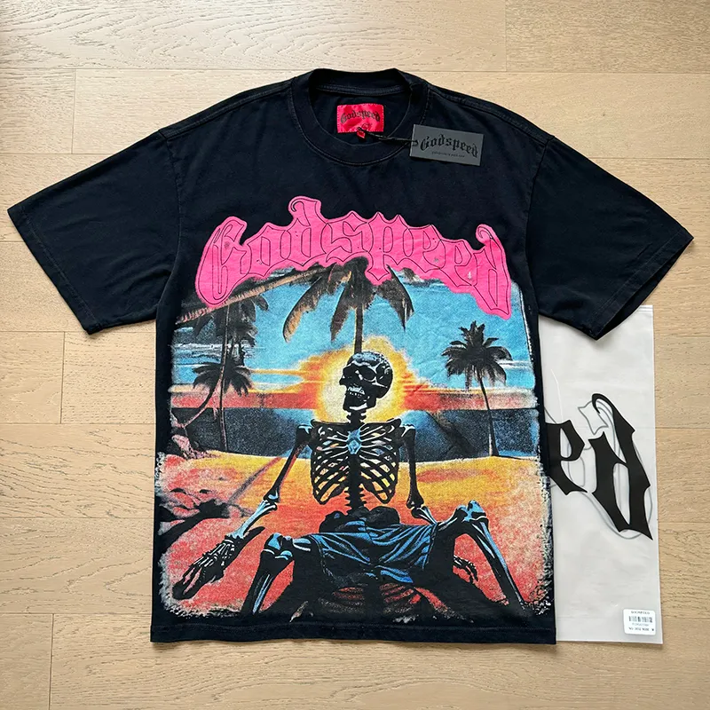1052# P126 Washed Black Real Shot Godspeed American Fashion Rock Street Retro Washed Distressed Printed Cotton Short Sleeves Fabric: 250g 32 Count Fine Cotton Double Yarn Pure Cotton Color: Washed Black Size: S M L XL