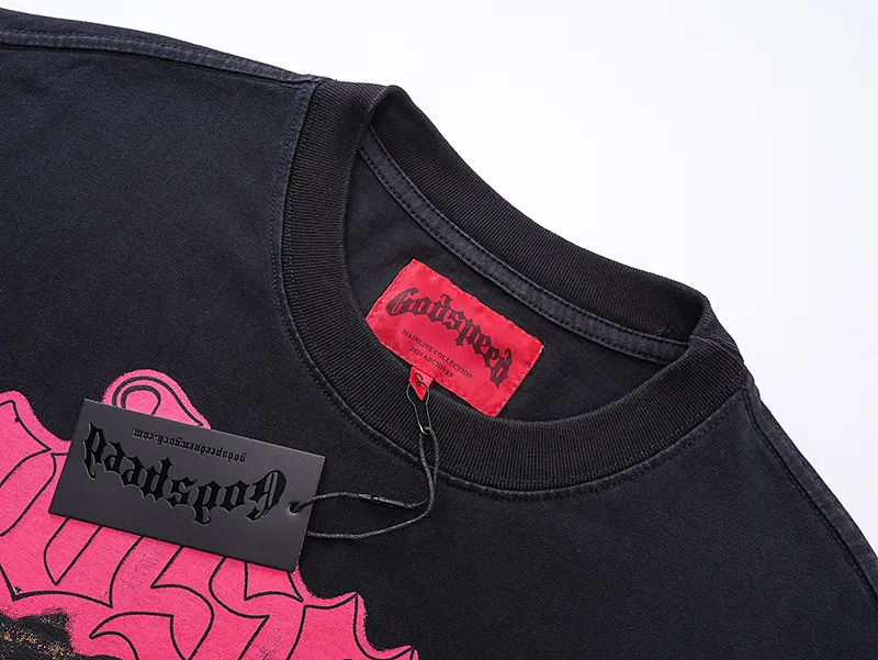 1052# P126 Washed Black Real Shot Godspeed American Fashion Rock Street Retro Washed Distressed Printed Cotton Short Sleeves Fabric: 250g 32 Count Fine Cotton Double Yarn Pure Cotton Color: Washed Black Size: S M L XL