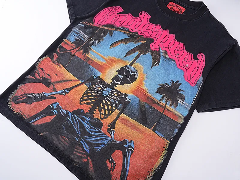1052# P126 Washed Black Real Shot Godspeed American Fashion Rock Street Retro Washed Distressed Printed Cotton Short Sleeves Fabric: 250g 32 Count Fine Cotton Double Yarn Pure Cotton Color: Washed Black Size: S M L XL