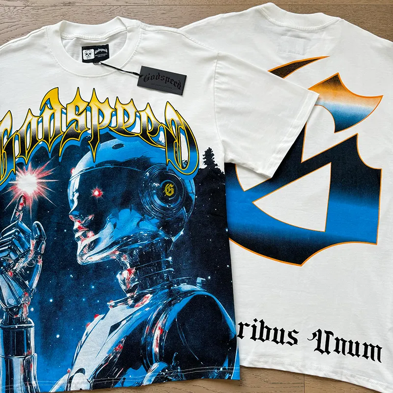 3126# P106 Real shot Godspeed American fashion rock street retro loose printed cotton short sleeves Fabric: 240g 32 count fine cotton double yarn pure cotton Color: off-white Size: S M L XL