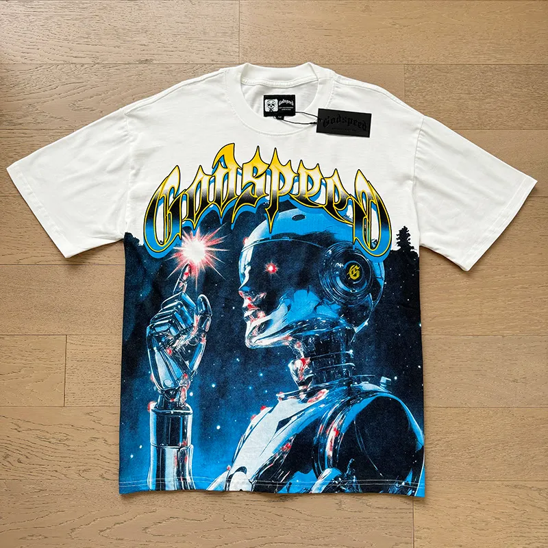 3126# P106 Real shot Godspeed American fashion rock street retro loose printed cotton short sleeves Fabric: 240g 32 count fine cotton double yarn pure cotton Color: off-white Size: S M L XL