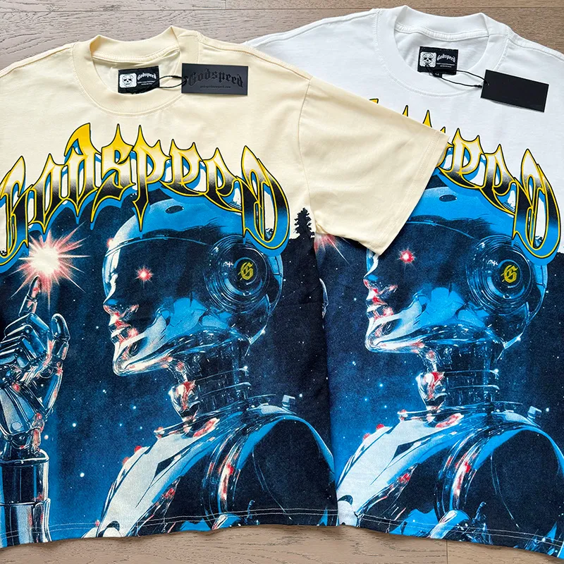3126# P106 Real shot Godspeed American fashion rock street retro loose printed cotton short sleeves Fabric: 240g 32 count fine cotton double yarn pure cotton Color: off-white Size: S M L XL