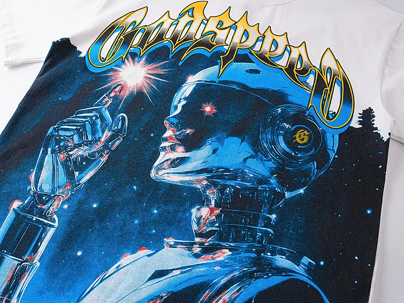 3126# P106 Real shot Godspeed American fashion rock street retro loose printed cotton short sleeves Fabric: 240g 32 count fine cotton double yarn pure cotton Color: off-white Size: S M L XL