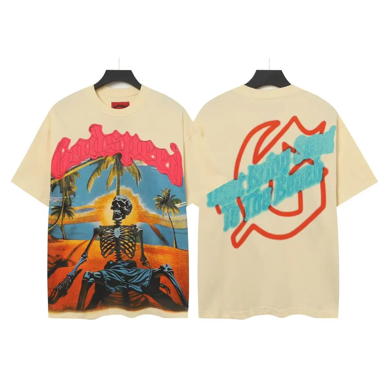 5042#apricot|P104 Godspeed cross-border American rock and roll street washed retro style short-sleeved T (craft printing) fabric (fabric) 32-count combed double yarn 240 grams weight code number (size): S-M-L-XL color (colour): apricot