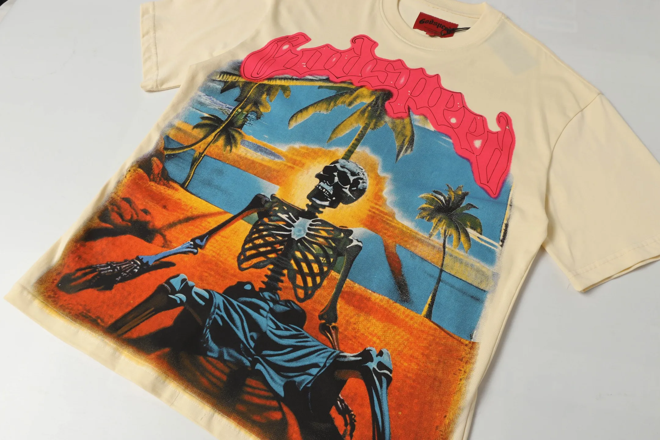5042#apricot|P104 Godspeed cross-border American rock and roll street washed retro style short-sleeved T (craft printing) fabric (fabric) 32-count combed double yarn 240 grams weight code number (size): S-M-L-XL color (colour): apricot