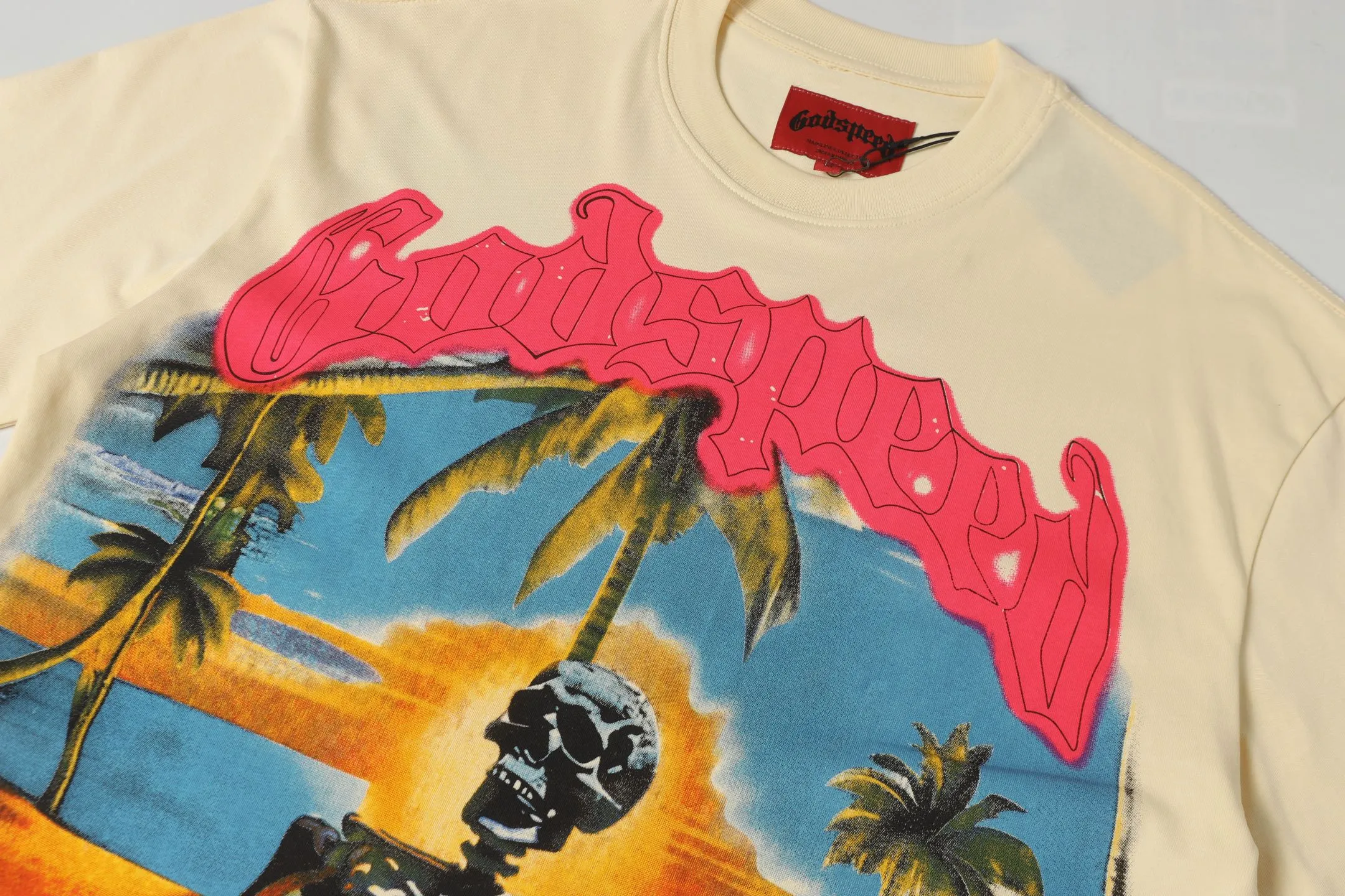 5042#apricot|P104 Godspeed cross-border American rock and roll street washed retro style short-sleeved T (craft printing) fabric (fabric) 32-count combed double yarn 240 grams weight code number (size): S-M-L-XL color (colour): apricot