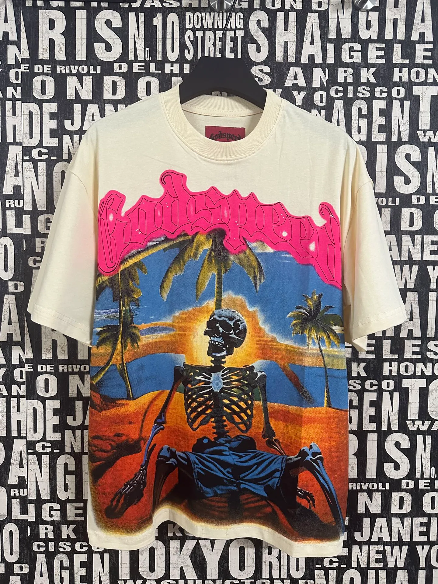 5042#apricot|P104 Godspeed cross-border American rock and roll street washed retro style short-sleeved T (craft printing) fabric (fabric) 32-count combed double yarn 240 grams weight code number (size): S-M-L-XL color (colour): apricot