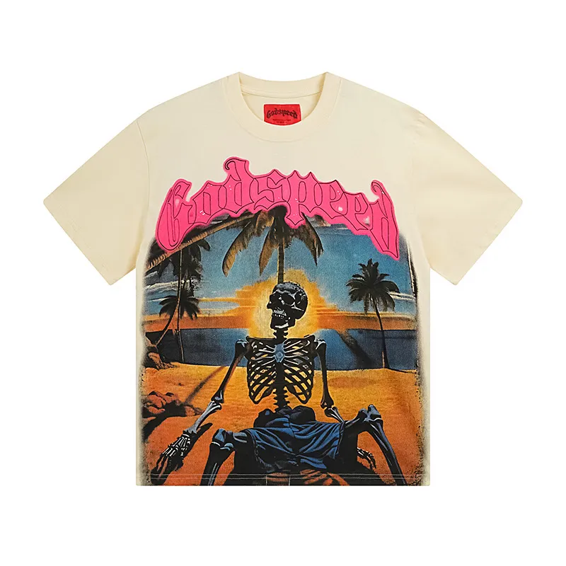 5042#apricot|P104 Godspeed cross-border American rock and roll street washed retro style short-sleeved T (craft printing) fabric (fabric) 32-count combed double yarn 240 grams weight code number (size): S-M-L-XL color (colour): apricot