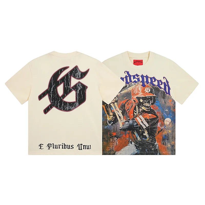 3017# P110 Real shot Godspeed American fashion rock street retro loose printed cotton short sleeves Fabric: 240g 32 count fine cotton double yarn pure cotton Color: apricot Size: S M L XL