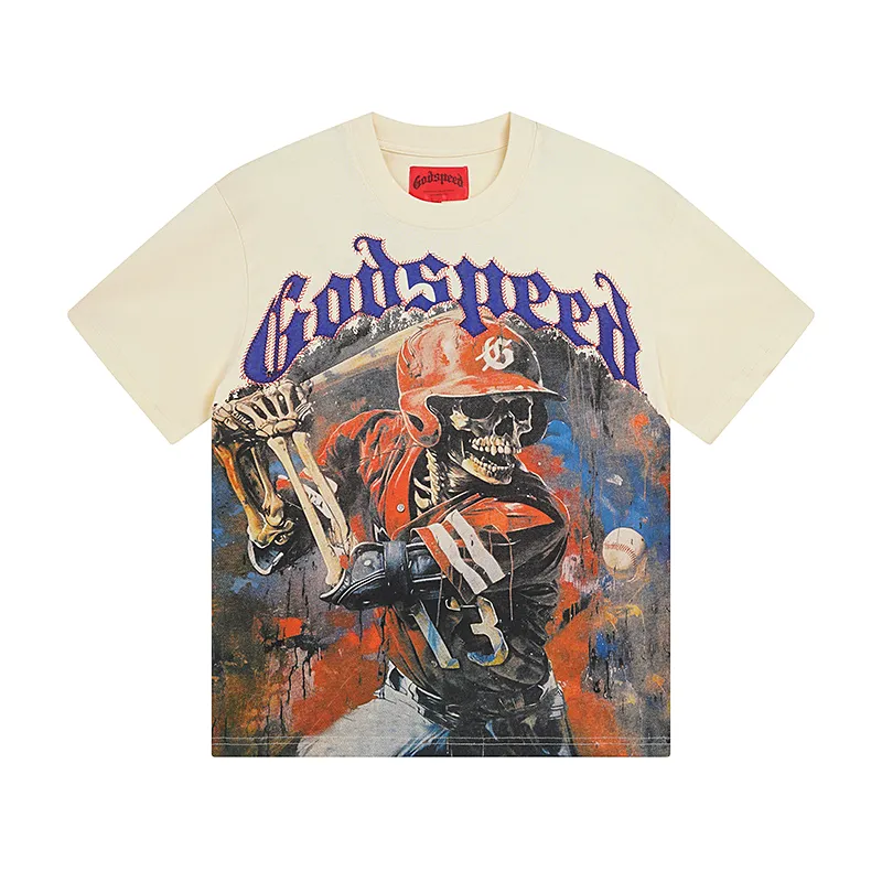 3017# P110 Real shot Godspeed American fashion rock street retro loose printed cotton short sleeves Fabric: 240g 32 count fine cotton double yarn pure cotton Color: apricot Size: S M L XL