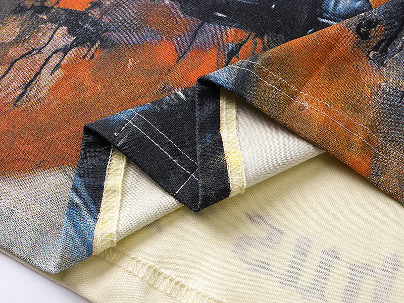 3017# P110 Real shot Godspeed American fashion rock street retro loose printed cotton short sleeves Fabric: 240g 32 count fine cotton double yarn pure cotton Color: apricot Size: S M L XL