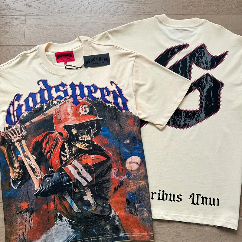 3017# P110 Real shot Godspeed American fashion rock street retro loose printed cotton short sleeves Fabric: 240g 32 count fine cotton double yarn pure cotton Color: apricot Size: S M L XL