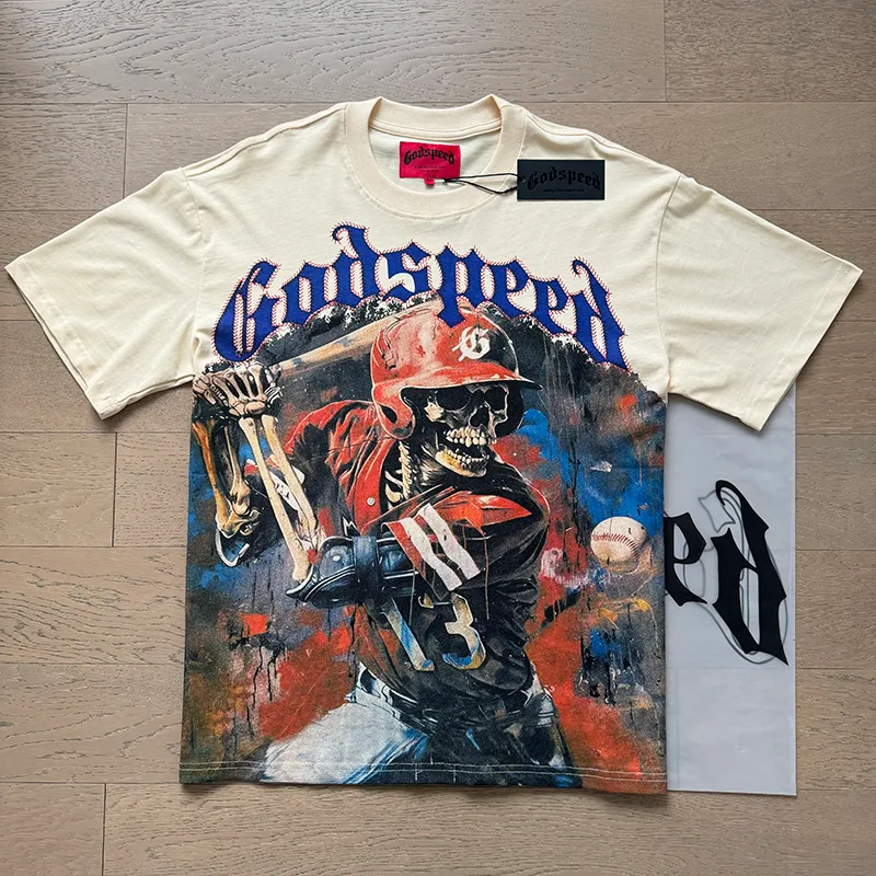 3017# P110 Real shot Godspeed American fashion rock street retro loose printed cotton short sleeves Fabric: 240g 32 count fine cotton double yarn pure cotton Color: apricot Size: S M L XL