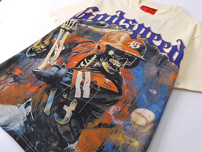 3017# P110 Real shot Godspeed American fashion rock street retro loose printed cotton short sleeves Fabric: 240g 32 count fine cotton double yarn pure cotton Color: apricot Size: S M L XL