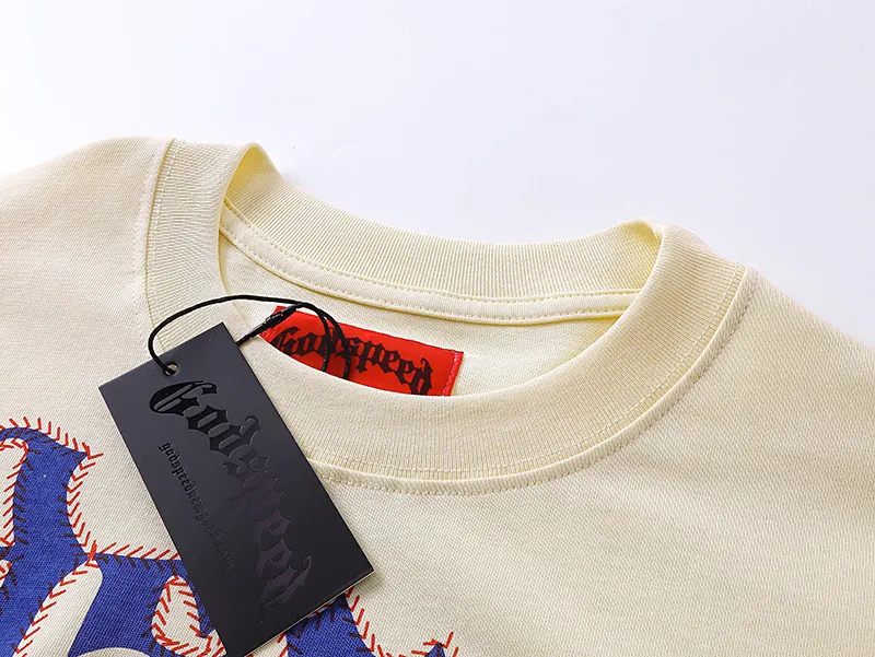 3017# P110 Real shot Godspeed American fashion rock street retro loose printed cotton short sleeves Fabric: 240g 32 count fine cotton double yarn pure cotton Color: apricot Size: S M L XL