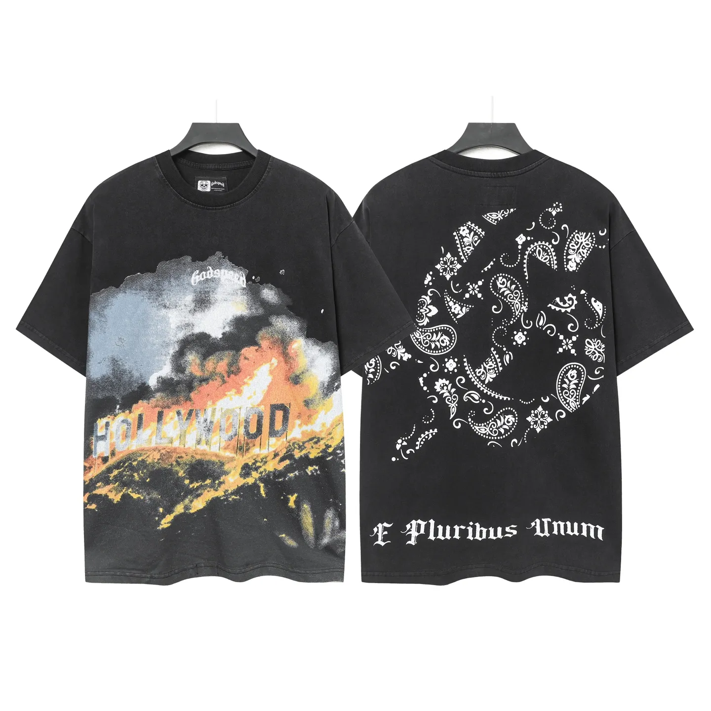 6003#washed black｜P116 Godspeed cross-border American rock and roll street washed retro style short-sleeved T (craft printing) fabric (fabric): 32 count combed double yarn 250g weight code number (size): S-M-L-XL color (colour): washed black