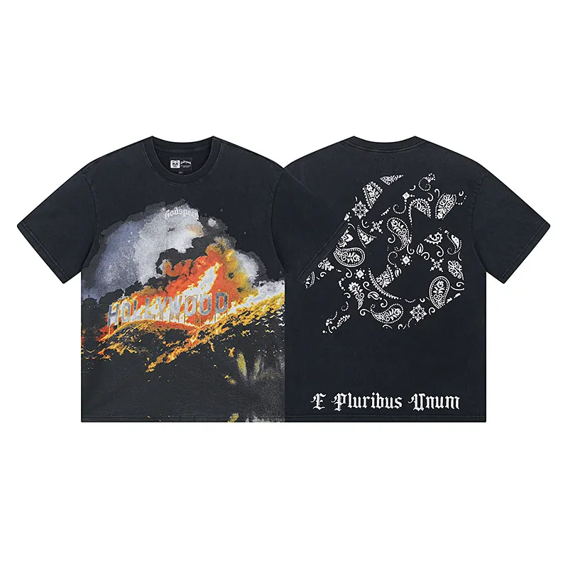 6003#washed black｜P116 Godspeed cross-border American rock and roll street washed retro style short-sleeved T (craft printing) fabric (fabric): 32 count combed double yarn 250g weight code number (size): S-M-L-XL color (colour): washed black