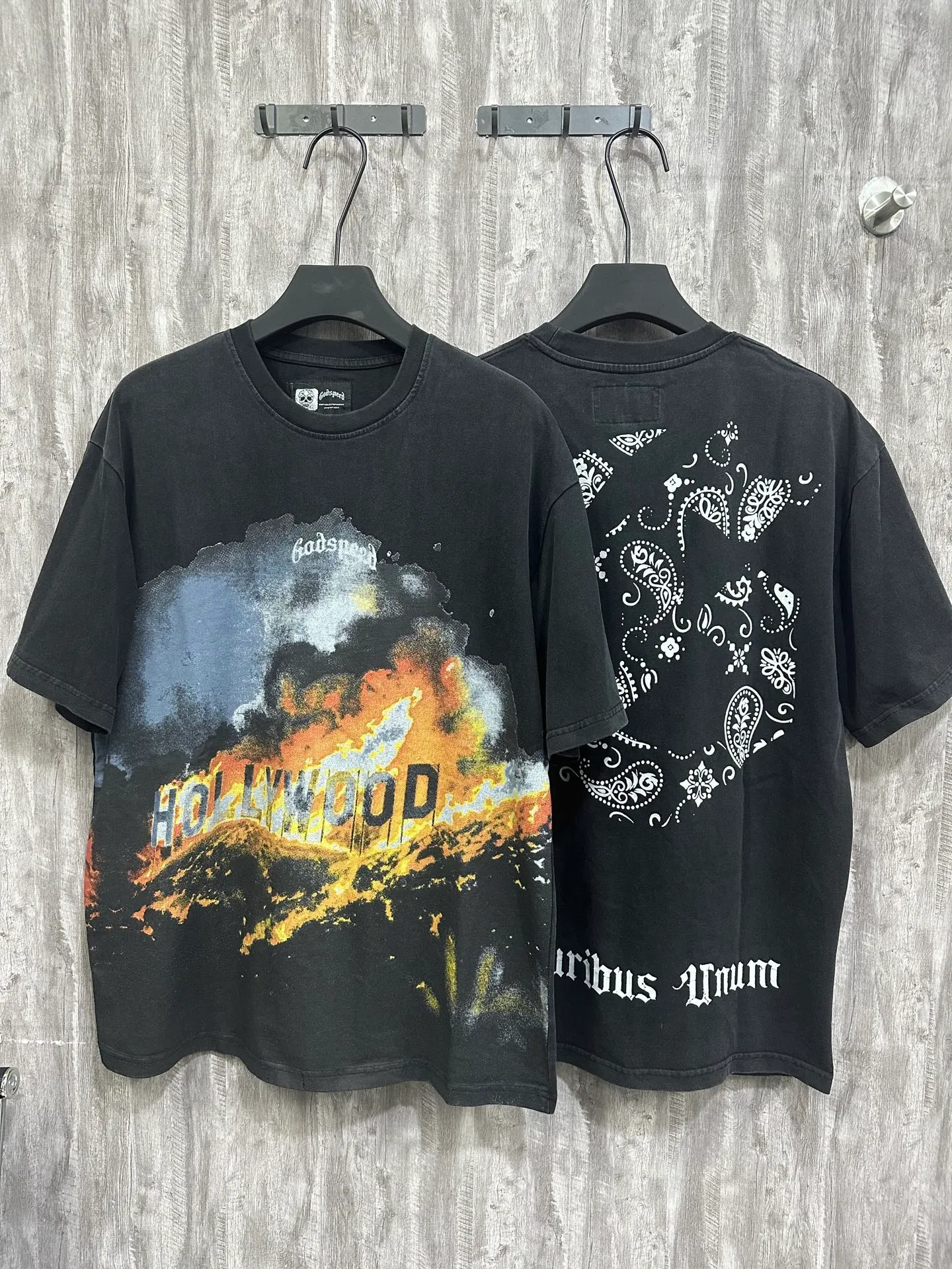 6003#washed black｜P116 Godspeed cross-border American rock and roll street washed retro style short-sleeved T (craft printing) fabric (fabric): 32 count combed double yarn 250g weight code number (size): S-M-L-XL color (colour): washed black