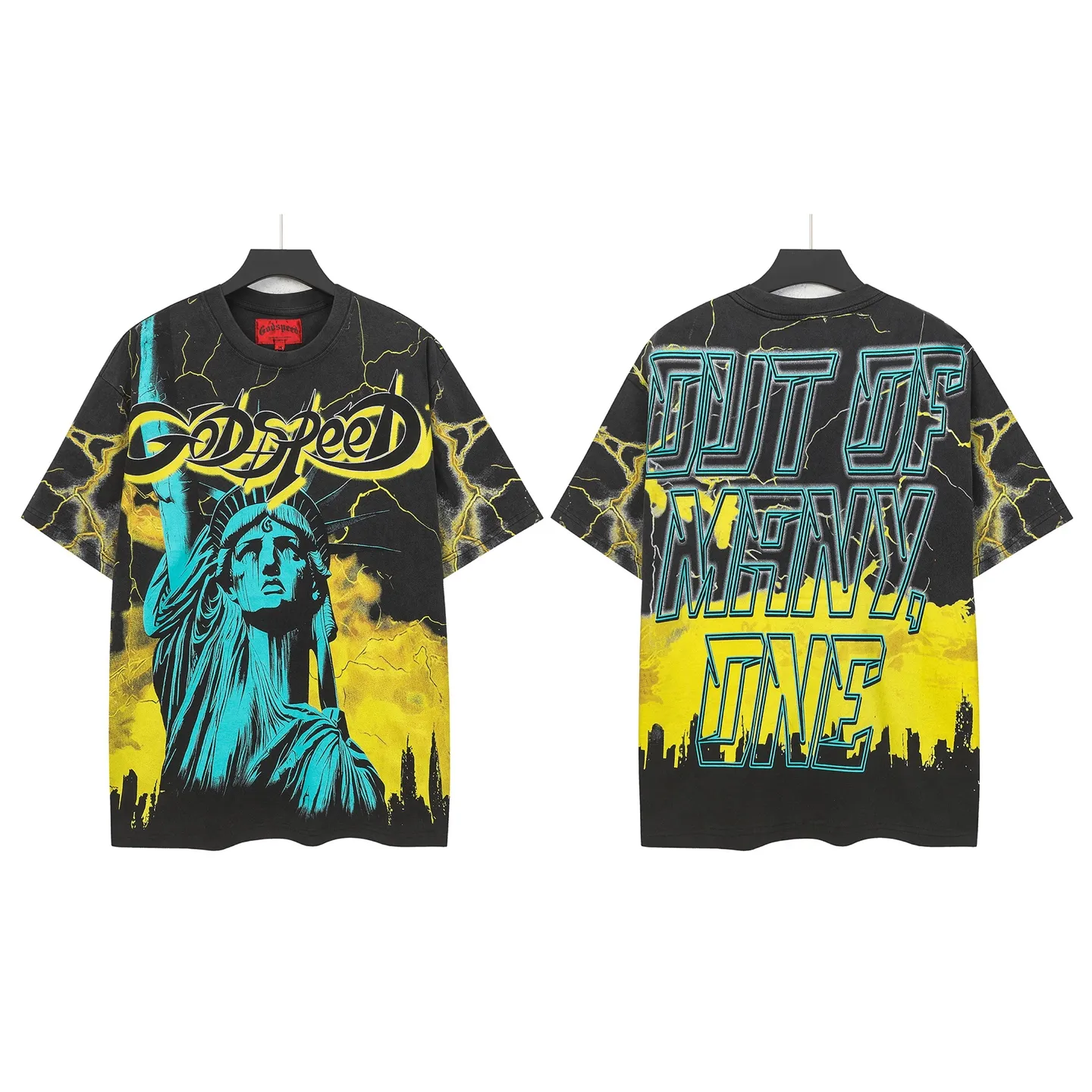 6301# Washed Black-Yellow | P116 Actual Spot (Beautiful Fashion Niche) Godspeed Cross-Border American Rock Street Washed Retro Style Short Sleeve T (Craft Printing) Fabric: 32 Count Combed Double Yarn 250g Weight Size: S-M-L-XL Color: Washed Black-Yellow