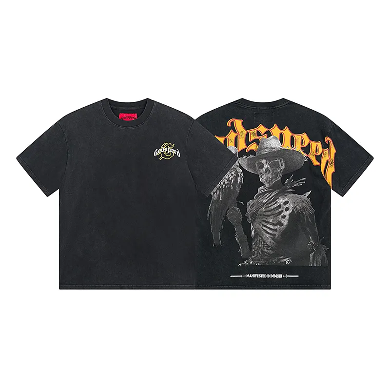 1091# P126 Washed Black Real Shot Godspeed American Fashion Rock Street Retro Washed Distressed Printed Cotton Short Sleeves Fabric: 250g 32 Count Fine Cotton Double Yarn Pure Cotton Color: Washed Black Size: S M L XL