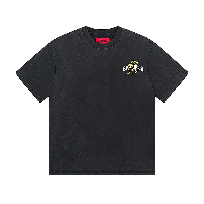 1091# P126 Washed Black Real Shot Godspeed American Fashion Rock Street Retro Washed Distressed Printed Cotton Short Sleeves Fabric: 250g 32 Count Fine Cotton Double Yarn Pure Cotton Color: Washed Black Size: S M L XL