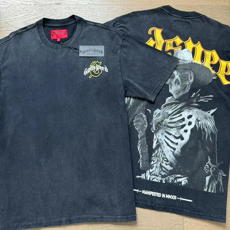 1091# P126 Washed Black Real Shot Godspeed American Fashion Rock Street Retro Washed Distressed Printed Cotton Short Sleeves Fabric: 250g 32 Count Fine Cotton Double Yarn Pure Cotton Color: Washed Black Size: S M L XL